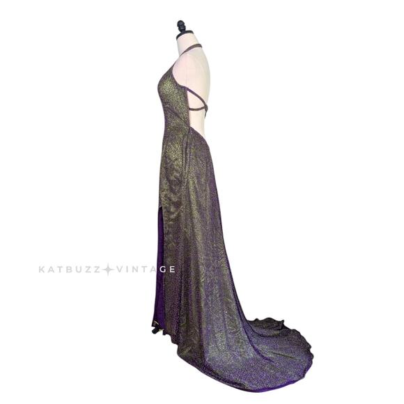 Je Matadi Prom Dress Maxi Gown 8 Purple Green Silk Bead Pageant Glam Train Y2K - Picture 5 of 16